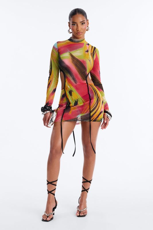 Baby You're Electric Long Sleeve Mesh Mini Dress - Multi Color NEWFASHIONEDGE