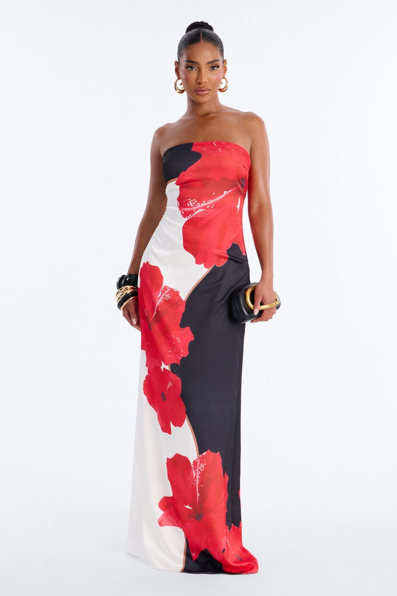 Kianna Strapless Satin Maxi Dress - Red/combo NEWFASHIONEDGE
