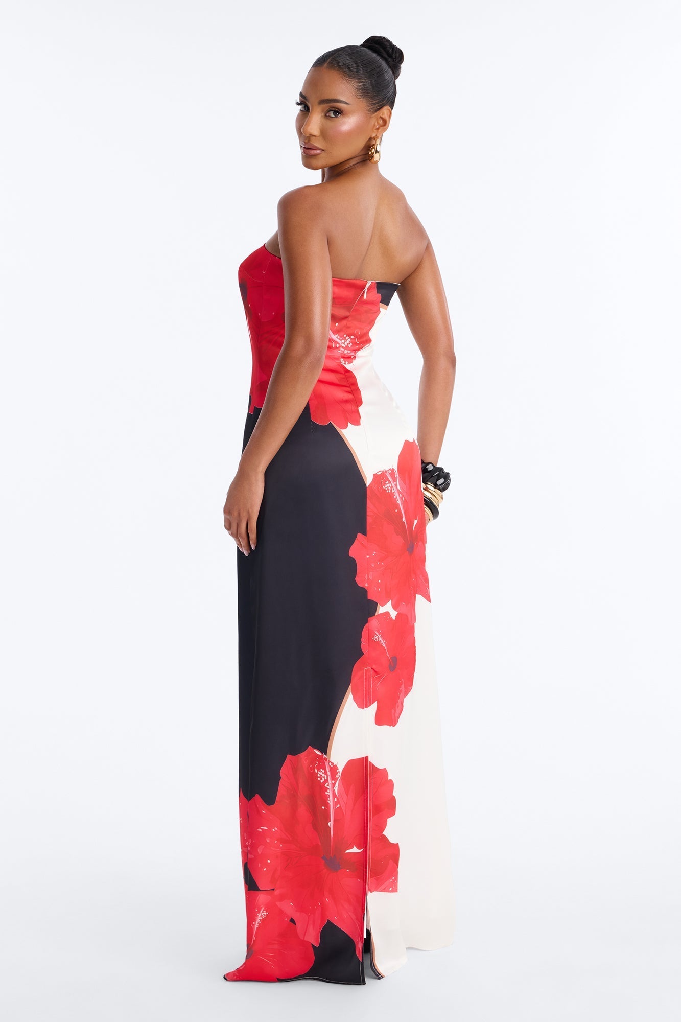 Kianna Strapless Satin Maxi Dress - Red/combo NEWFASHIONEDGE