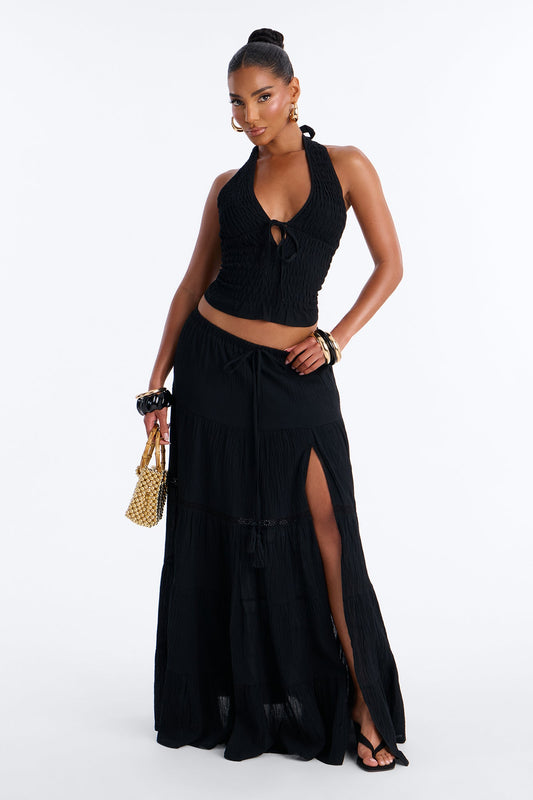 Bohemian Bliss Tiered Gauze Maxi Skirt - Black
