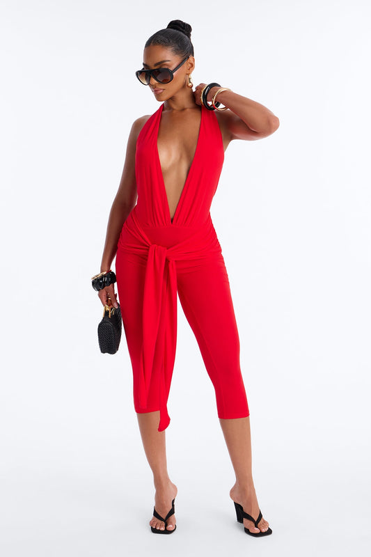 Karla Plunge Capri Catsuit - Red NEWFASHIONEDGE
