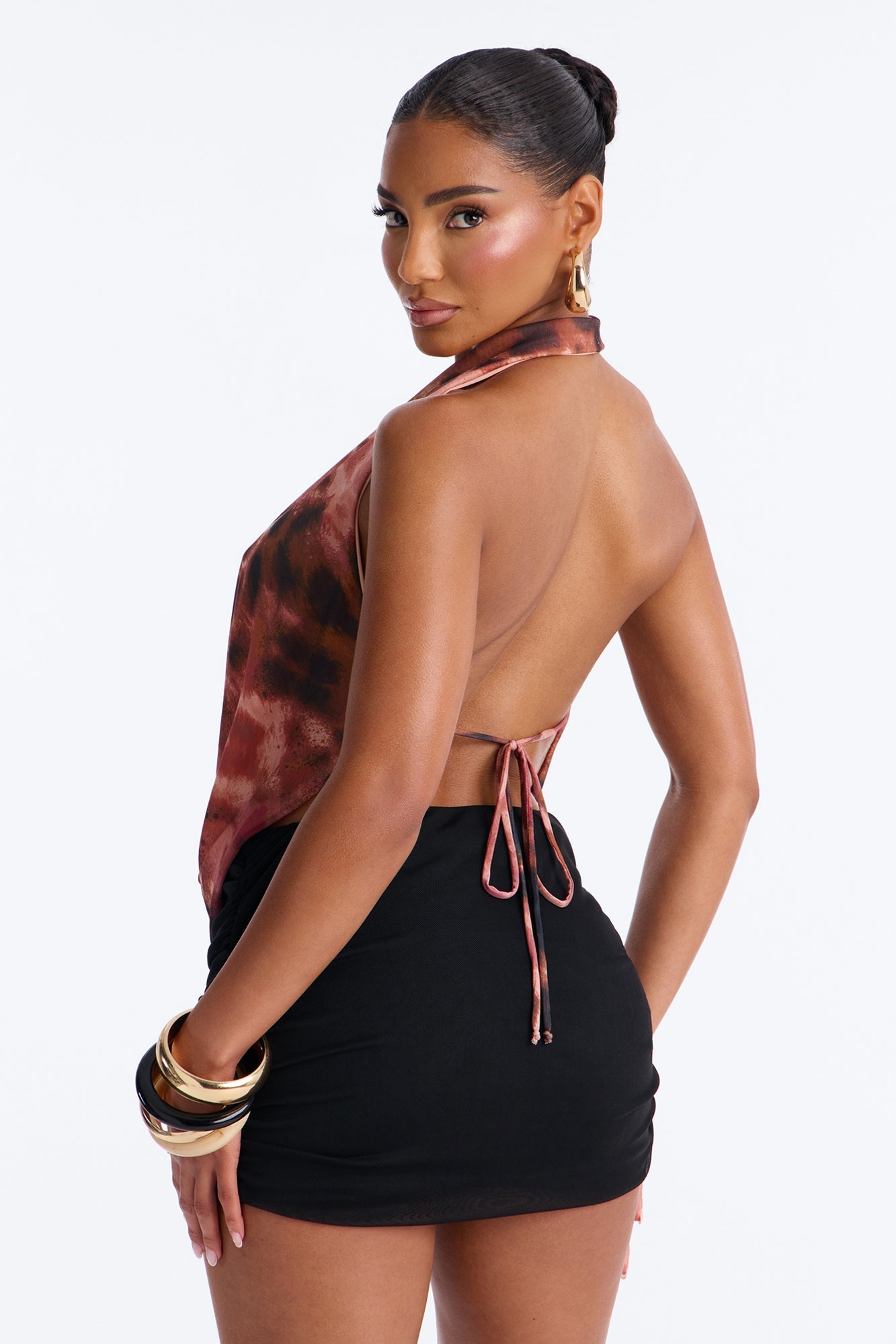 Barbados Mesh Deep Cowl Neck Halter Top - Pink/combo