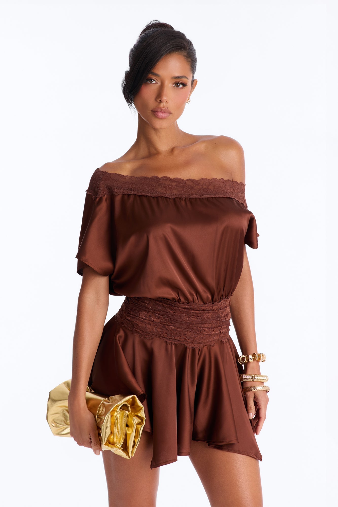 Irina Satin Off Shoulder Lace Romper - Chocolate NEWFASHIONEDGE