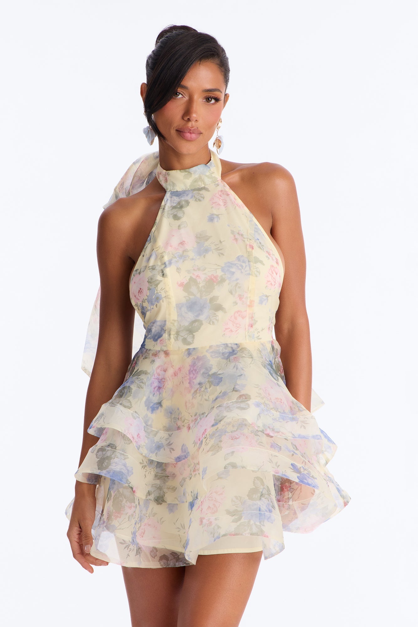 Maria Backless Floral Organza Mini Dress - Butter Yellow