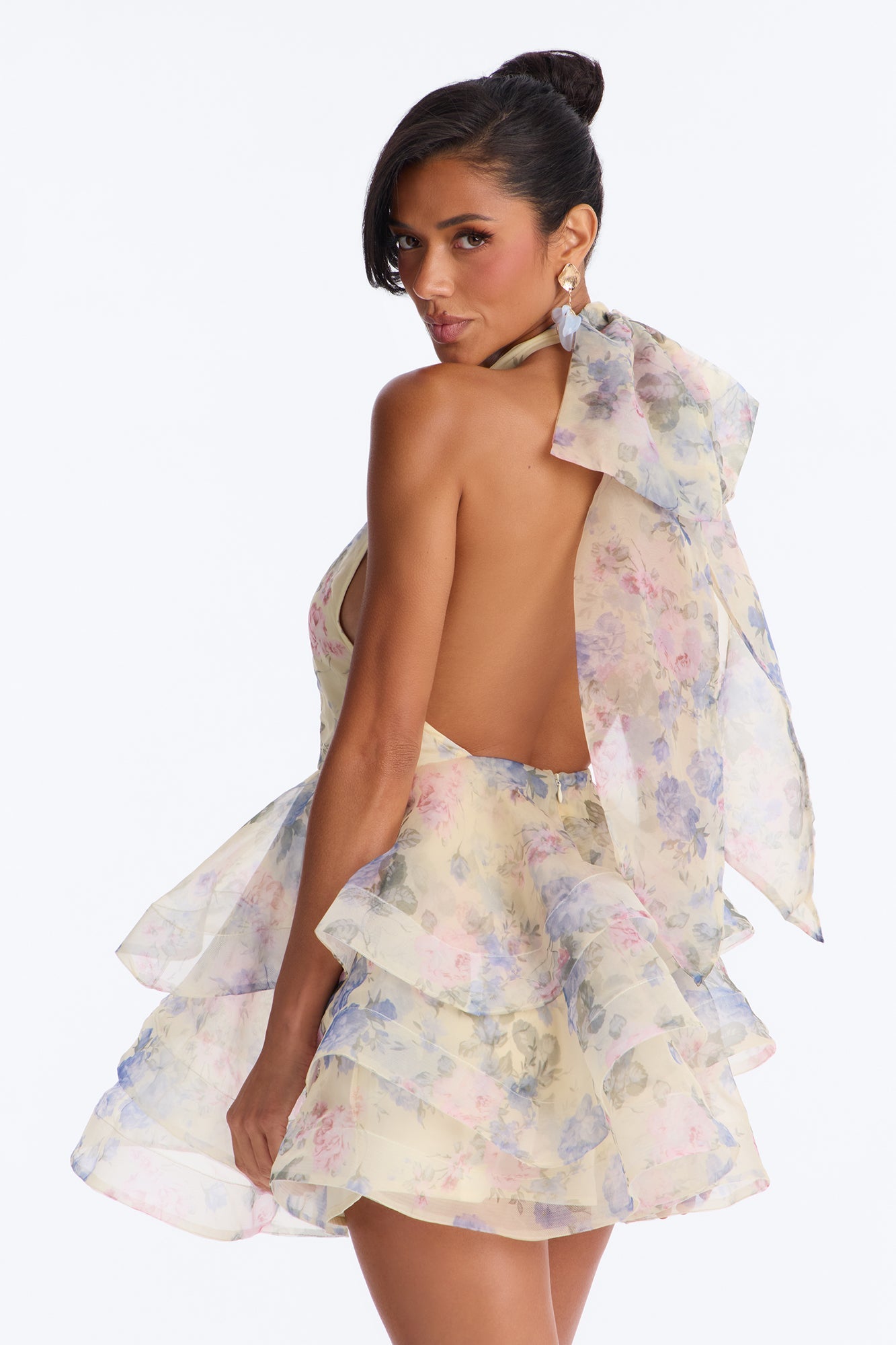 Maria Backless Floral Organza Mini Dress - Butter Yellow