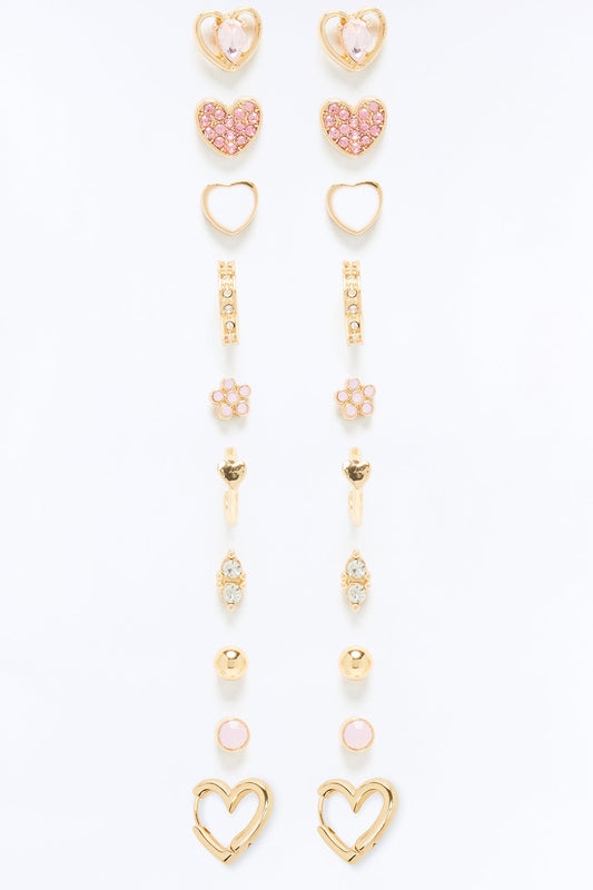 Beloved Hearts 10 Pair Multi Earring Set - Gold/Pink