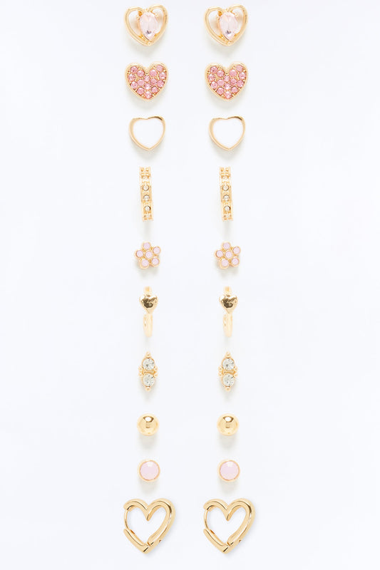 Beloved Hearts 10 Pair Multi Earring Set - Gold/Pink