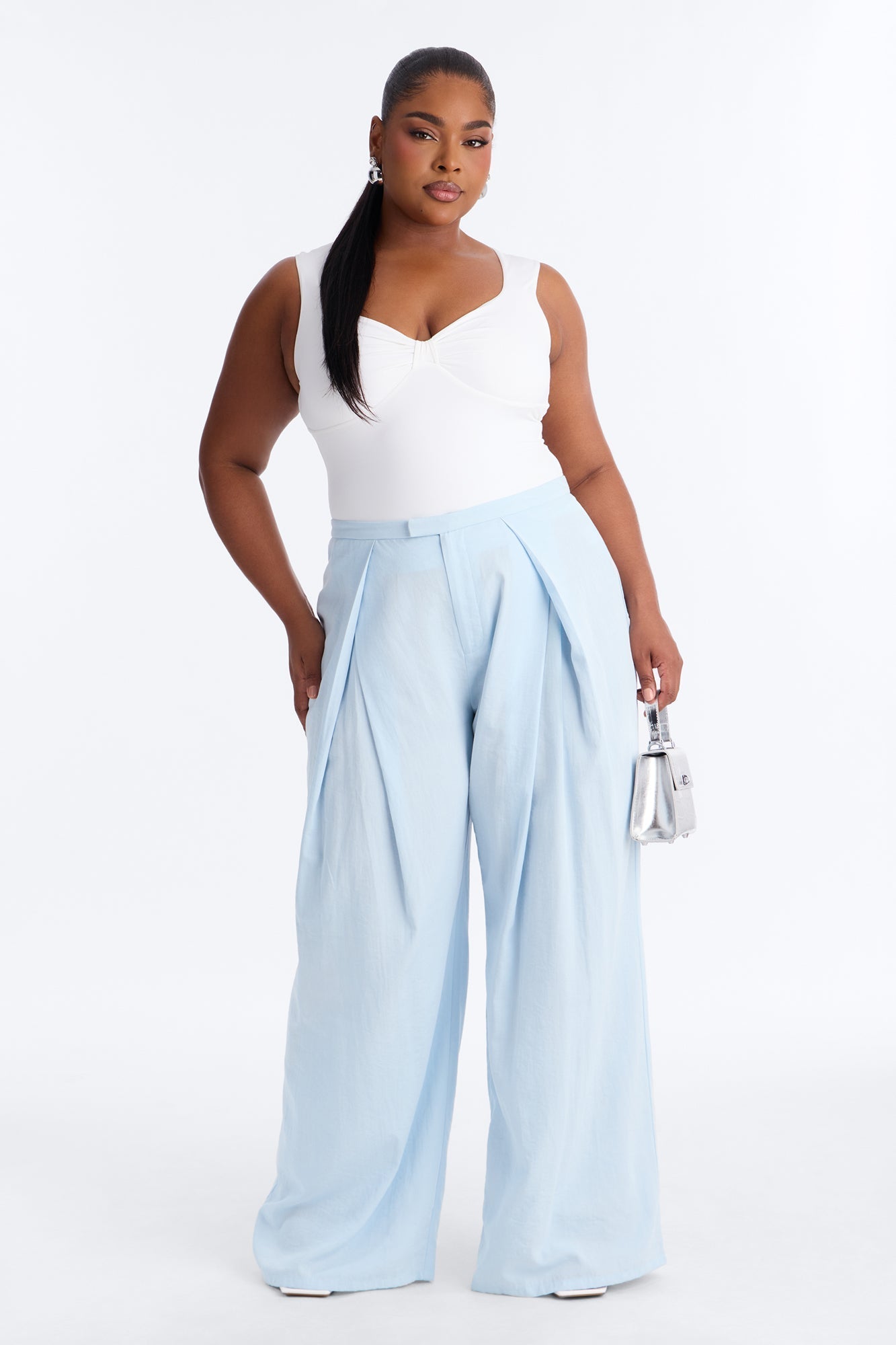 Tyra High Rise Pleated Wide Leg Pant - Light Blue