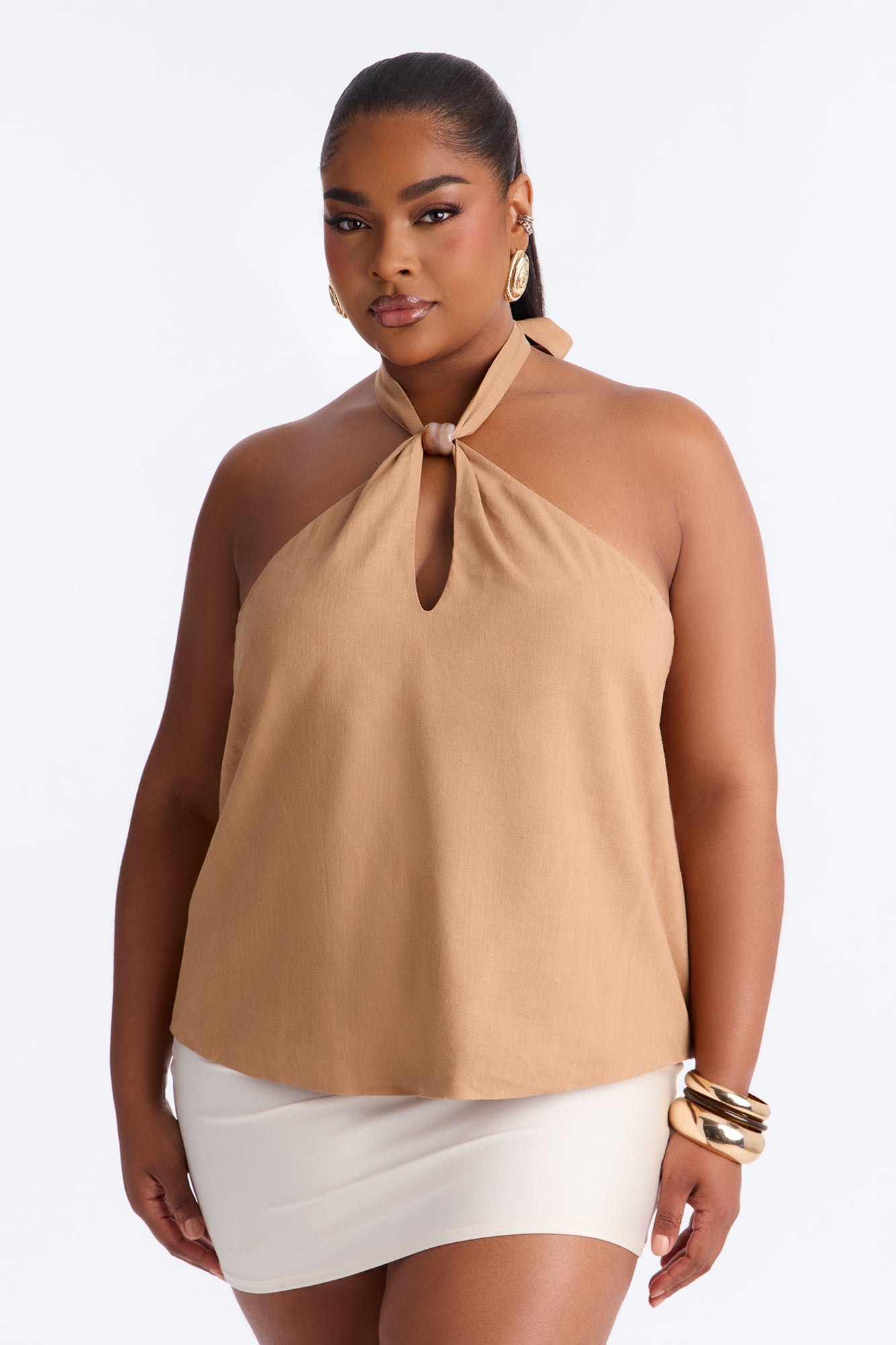 Iced Coffee Beaded Linen Halter Top - Camel NEWFASHIONEDGE