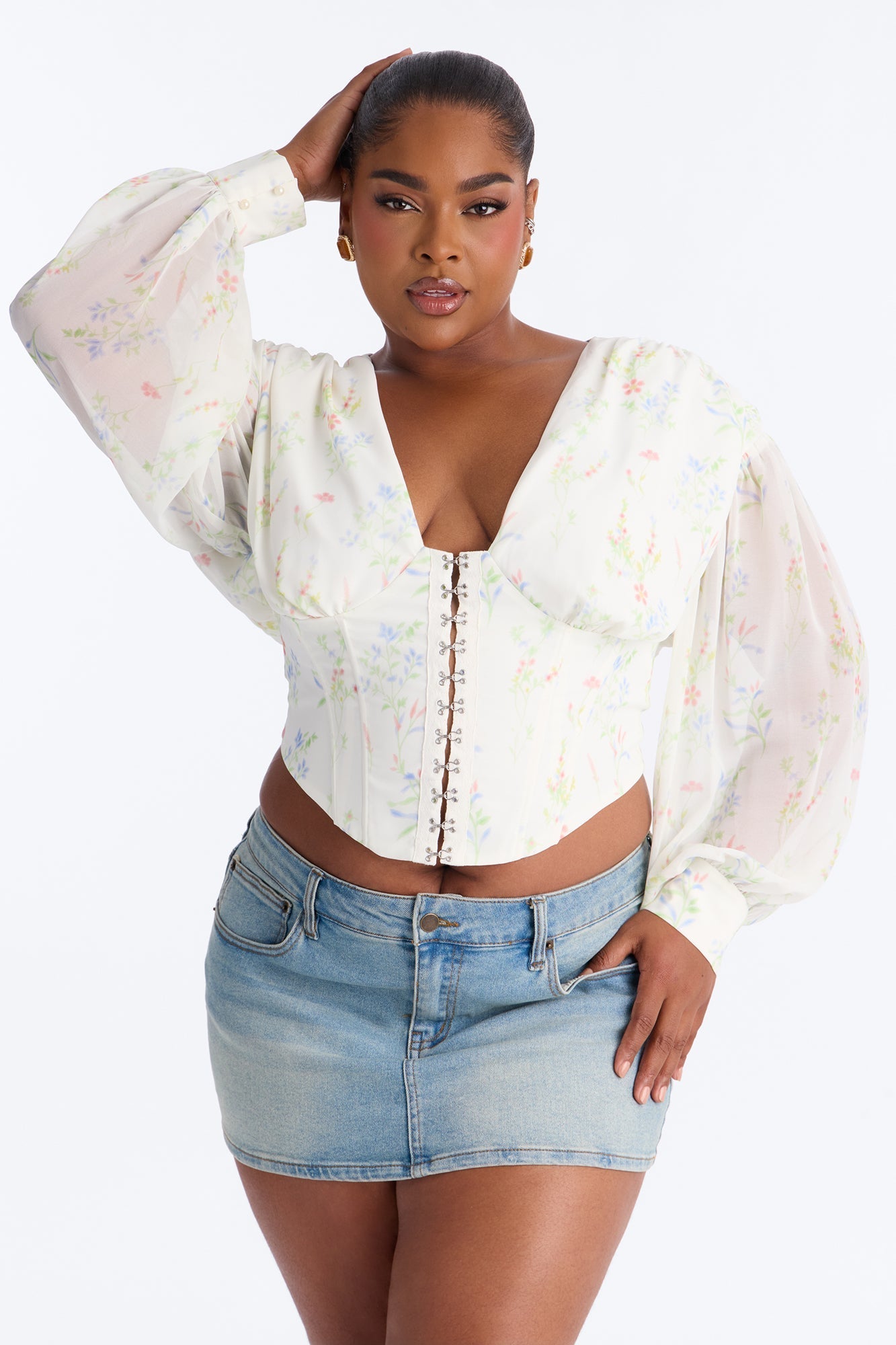 Darling Days Ruched Floral Chiffon Corset - Sage/combo