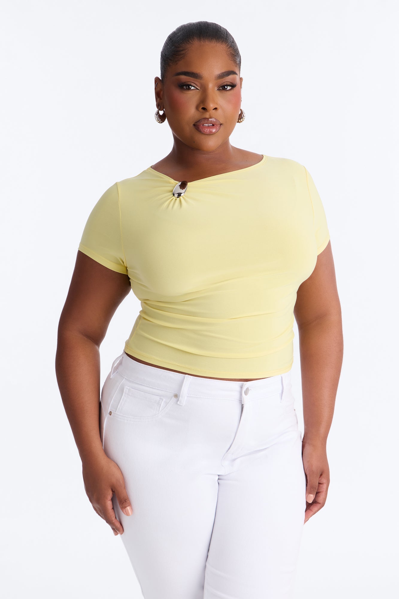 Lexi Hardware Asymmetrical Neck Short Sleeve Top - Butter Yellow NEWFASHIONEDGE