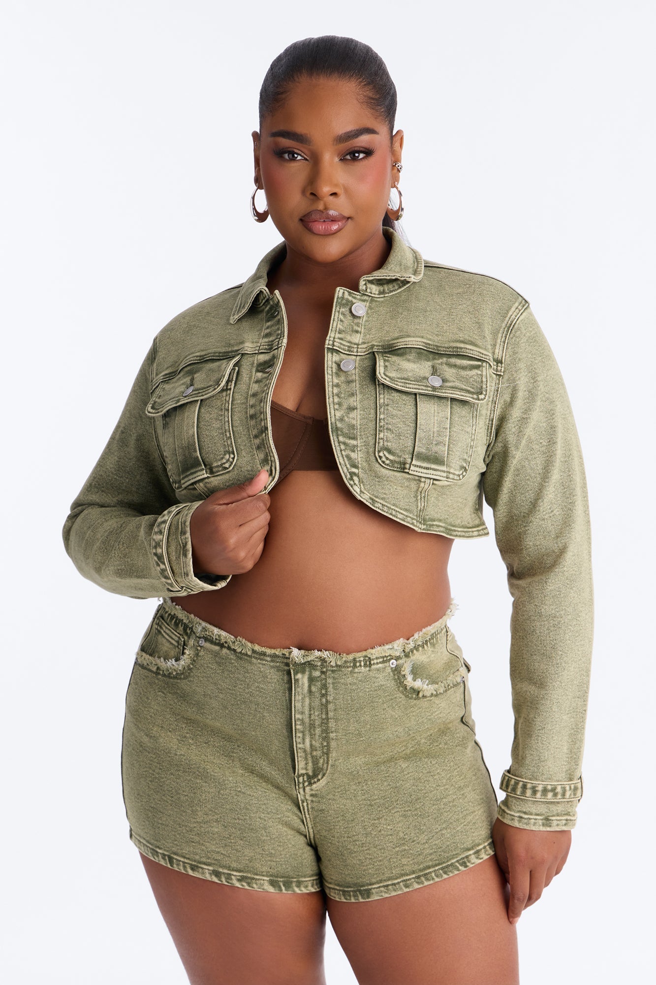 Highly Motivated Stretch Denim Bolero Jacket - Olive NEWFASHIONEDGE