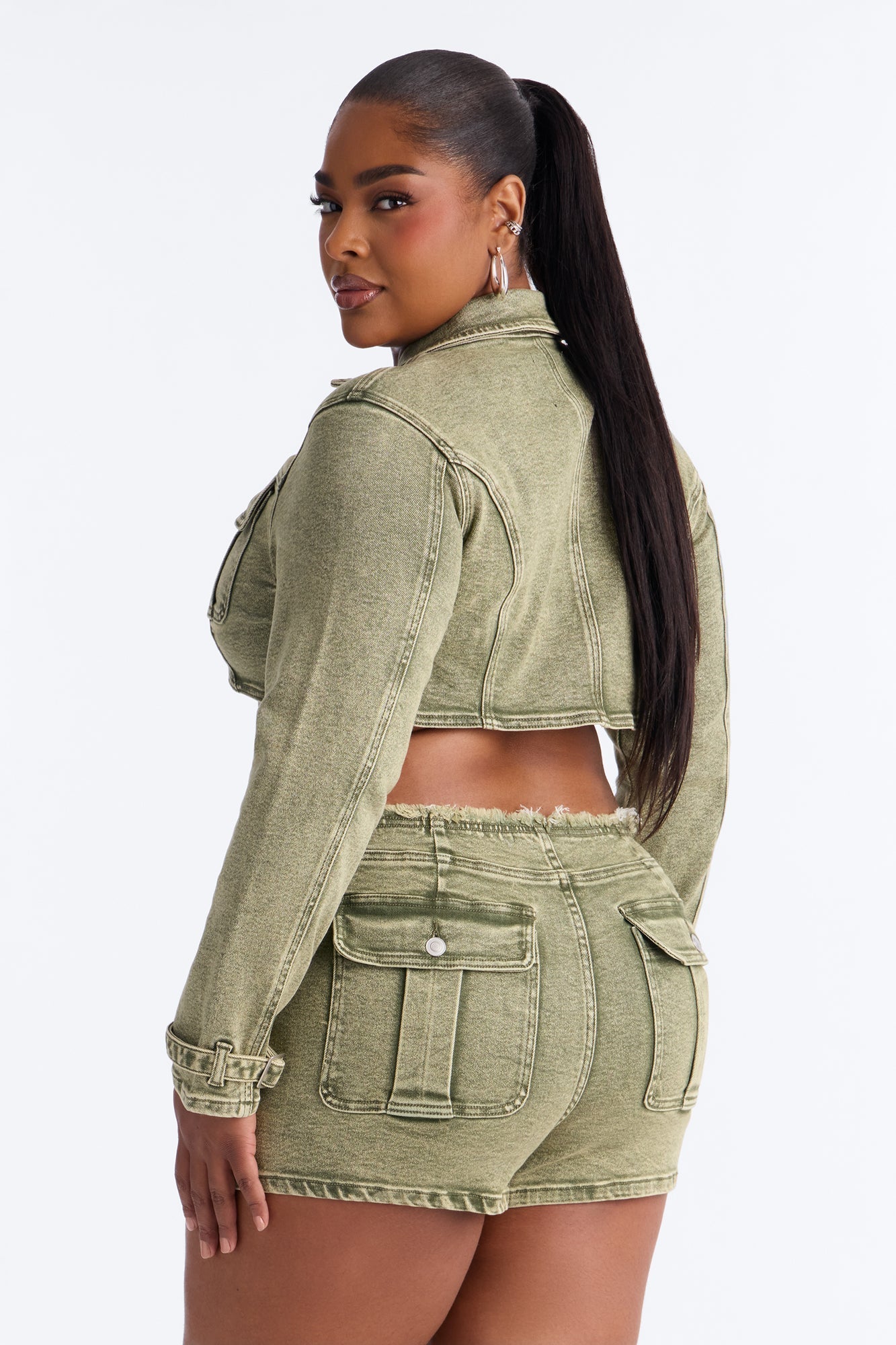 Highly Motivated Stretch Denim Bolero Jacket - Olive NEWFASHIONEDGE