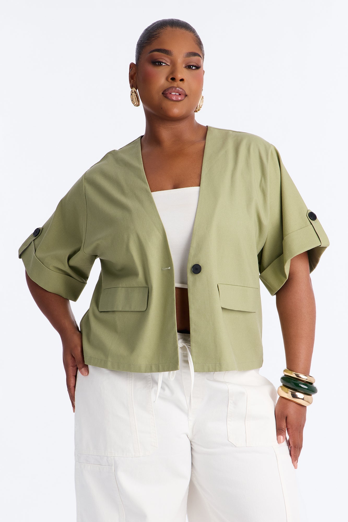 Ready When You Are Cuffed Linen Top - Olive