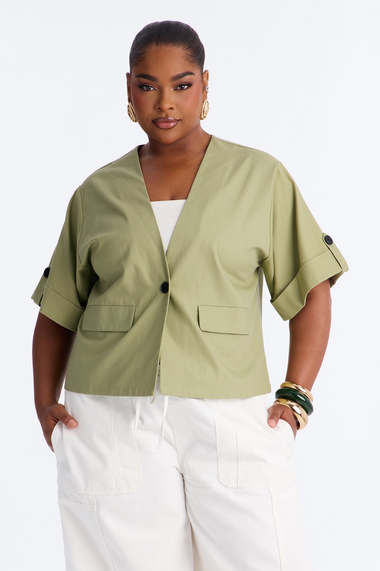 Ready When You Are Cuffed Linen Top - Olive NEWFASHIONEDGE