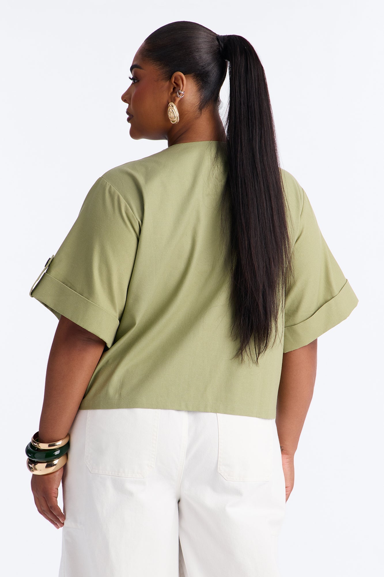 Ready When You Are Cuffed Linen Top - Olive NEWFASHIONEDGE