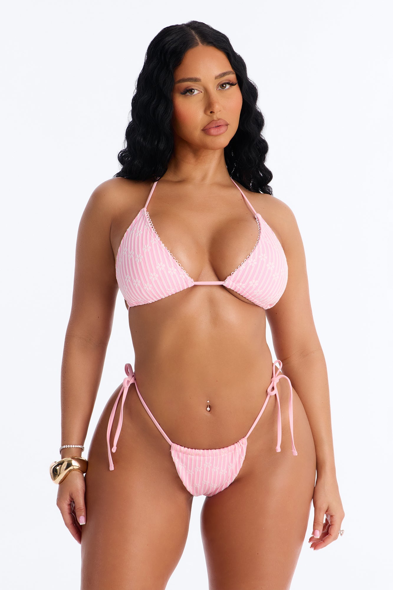Always With Me Embroidery Floral Lace 3 Piece Bikini Skirt Set - Pink