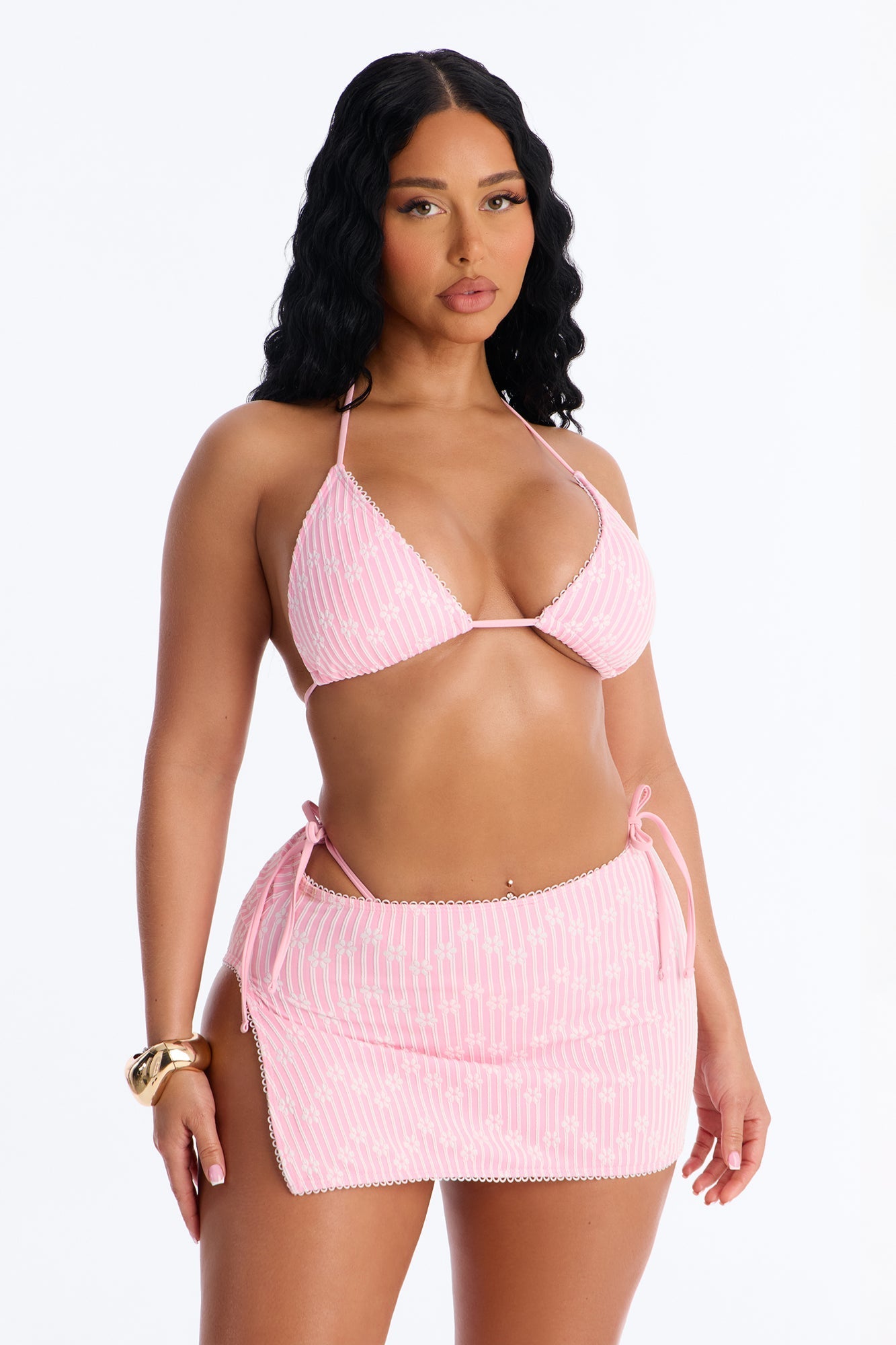 Always With Me Embroidery Floral Lace 3 Piece Bikini Skirt Set - Pink NEWFASHIONEDGE