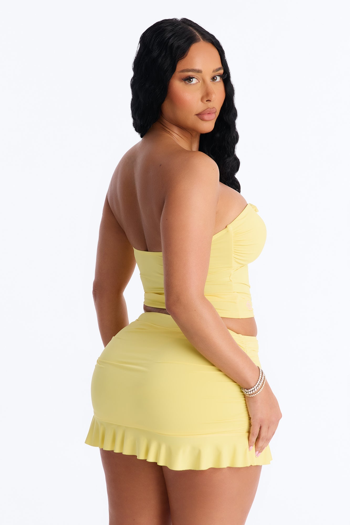 Sunshine State 2 Piece Strapless Bikini & Ruffle Mini Skirt Sunsuit - Yellow NEWFASHIONEDGE