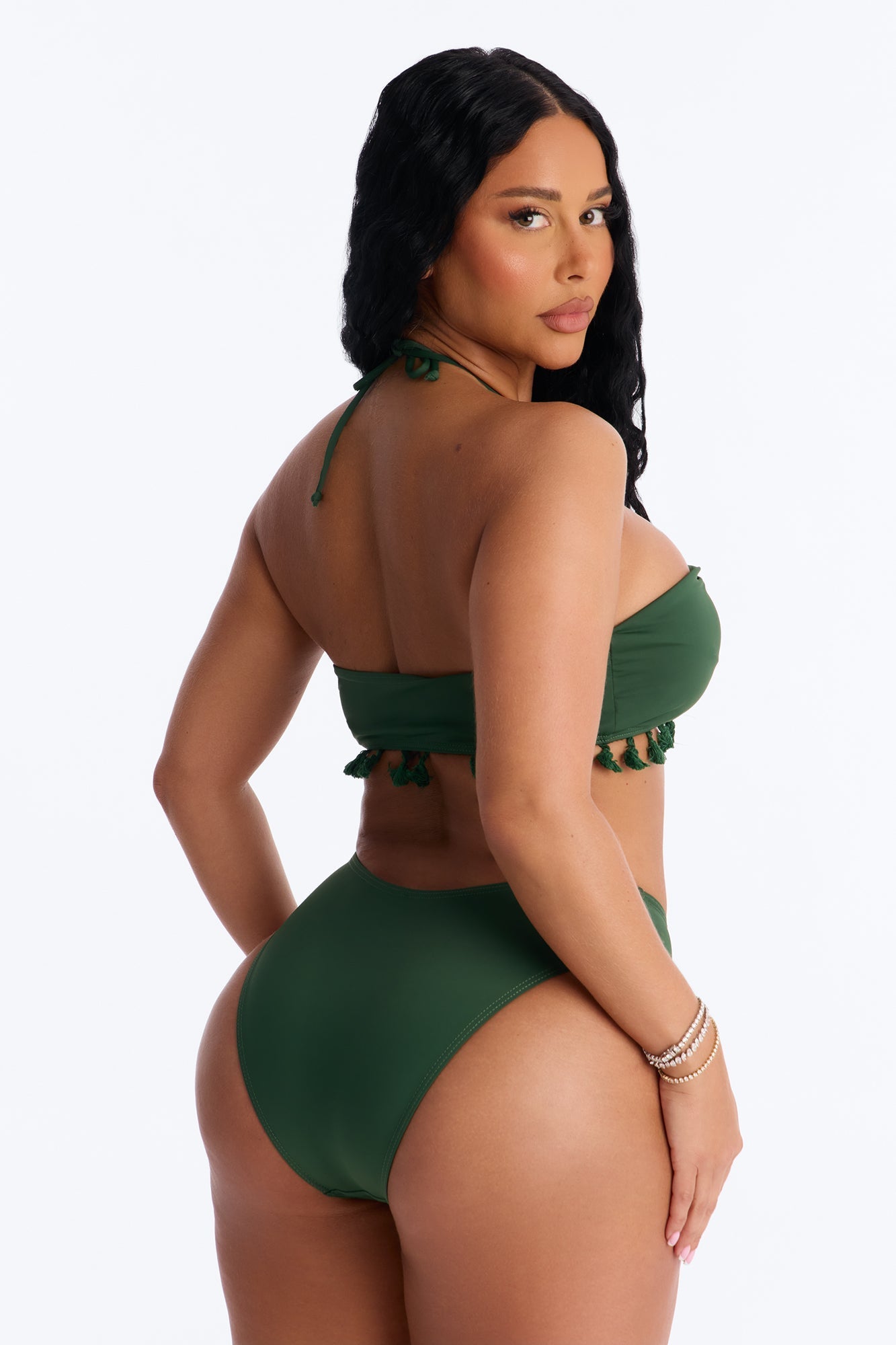 Soaking It In 3 Piece Tassel Bandeau Bikini & Cover Up Sarong Sunsuit - Olive