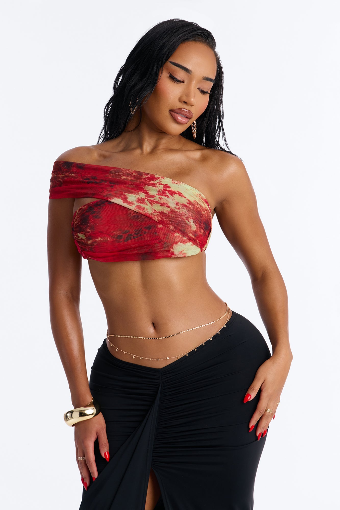 Alina Mesh Off Shoulder Ruched Cropped Top - Red/combo Fashion Nova