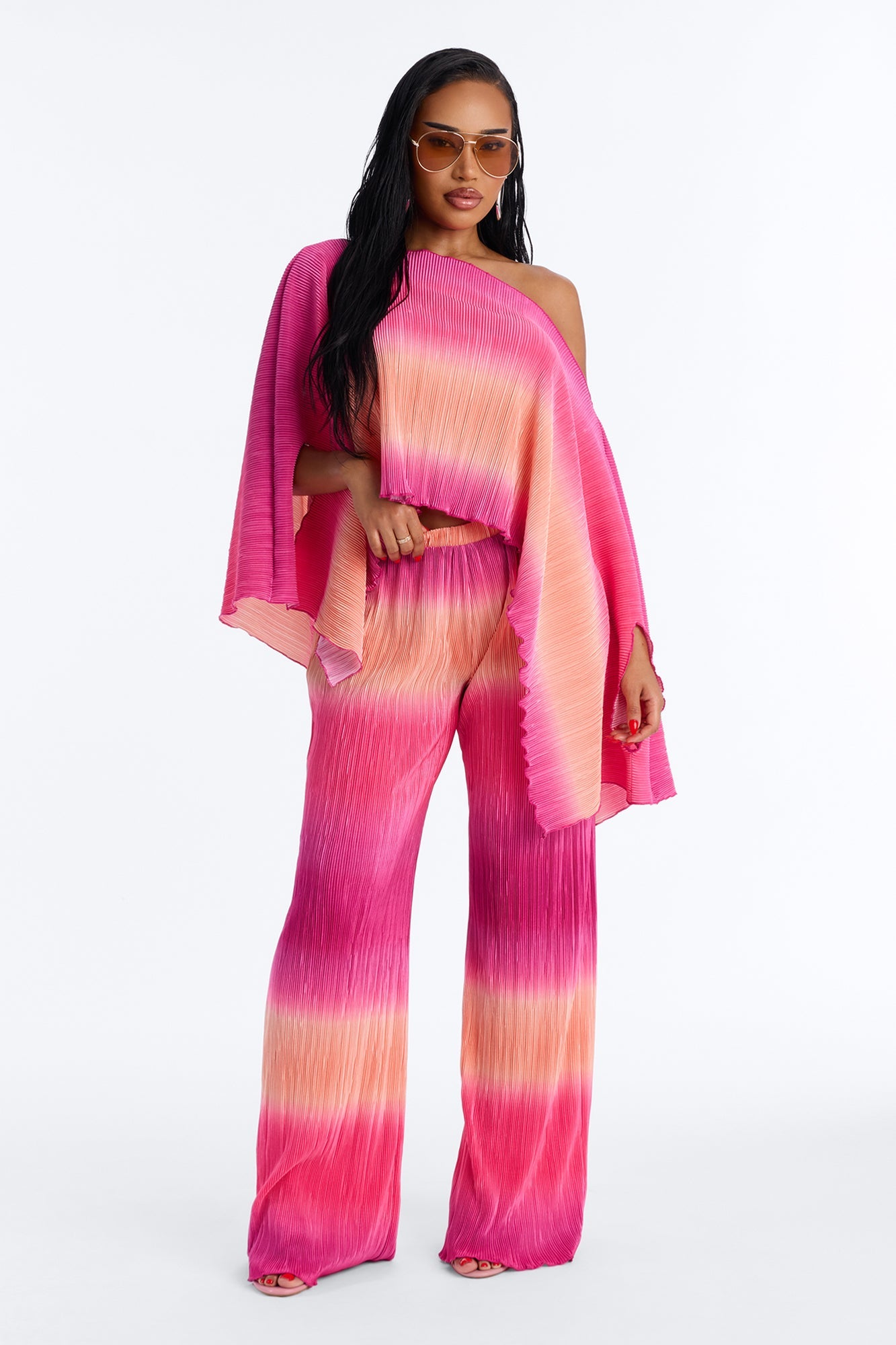 Horizon Glow Off Shoulder Ombre Pant Set - Hot Pink/combo