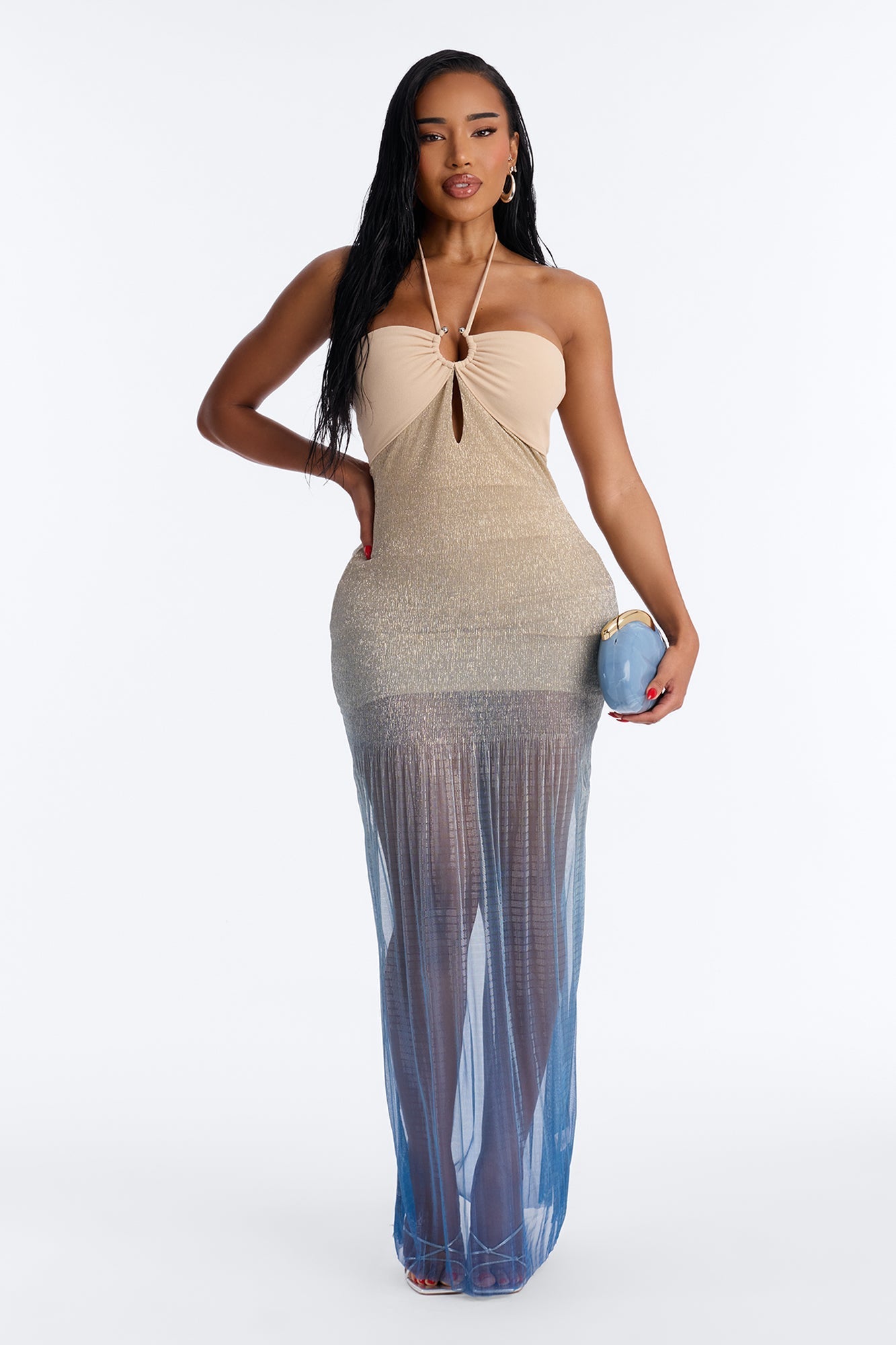 Aimee Ombre Metallic Maxi Dress - Teal/combo NEWFASHIONEDGE