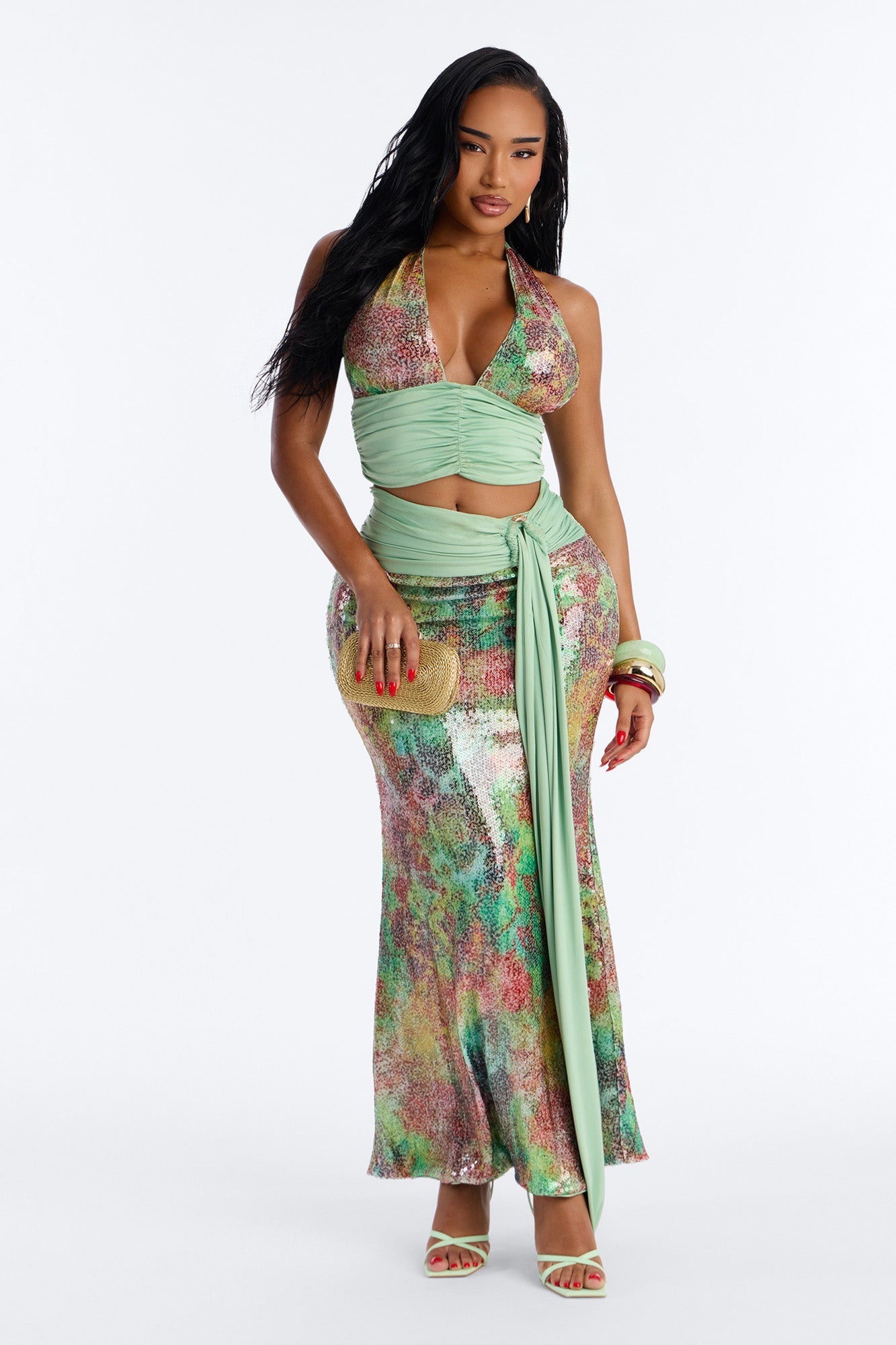 Into The Tropics Halter Sequin Skirt Set - Multi Color Fashion Nova