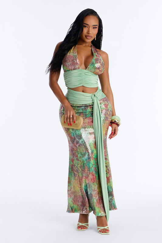 Into The Tropics Halter Sequin Skirt Set - Multi Color Fashion Nova
