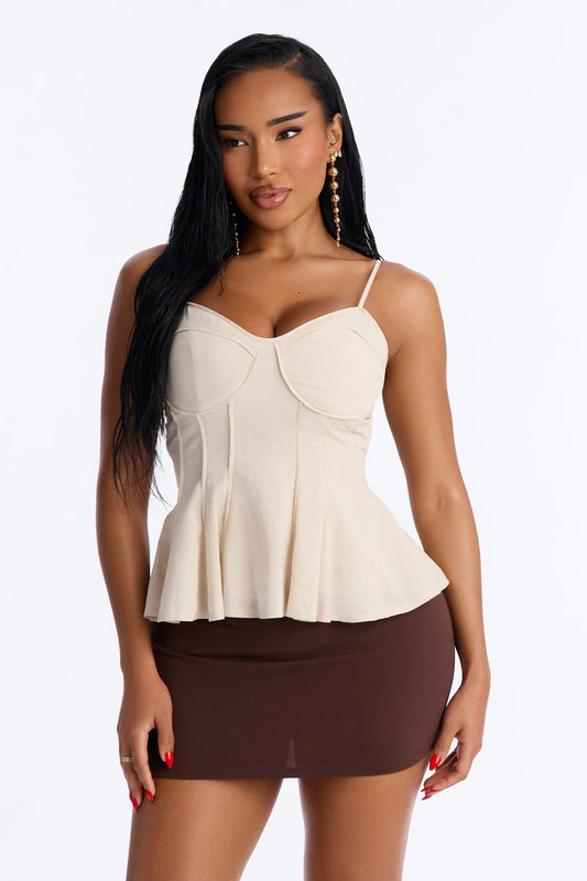Pretty Please Peplum Linen Babydoll Top - Beige