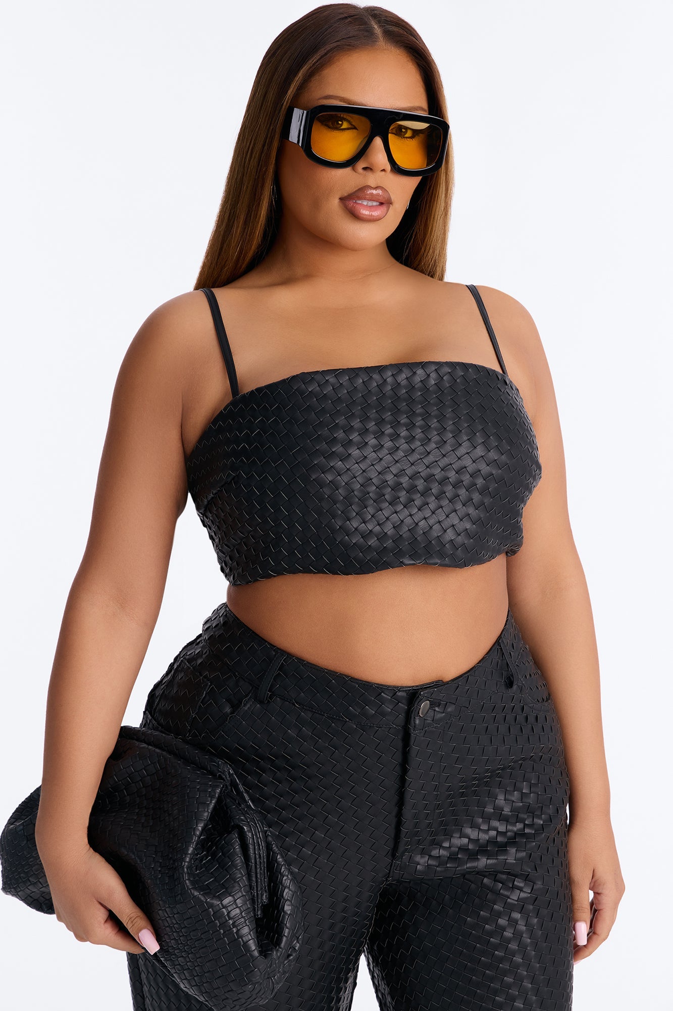 Vivian Woven Faux Leather Bralette Top - Black