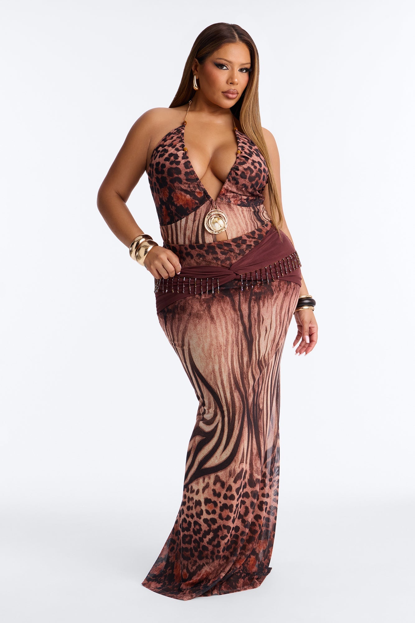 Marissa Hardware Maxi Skirt Set - Brown/combo