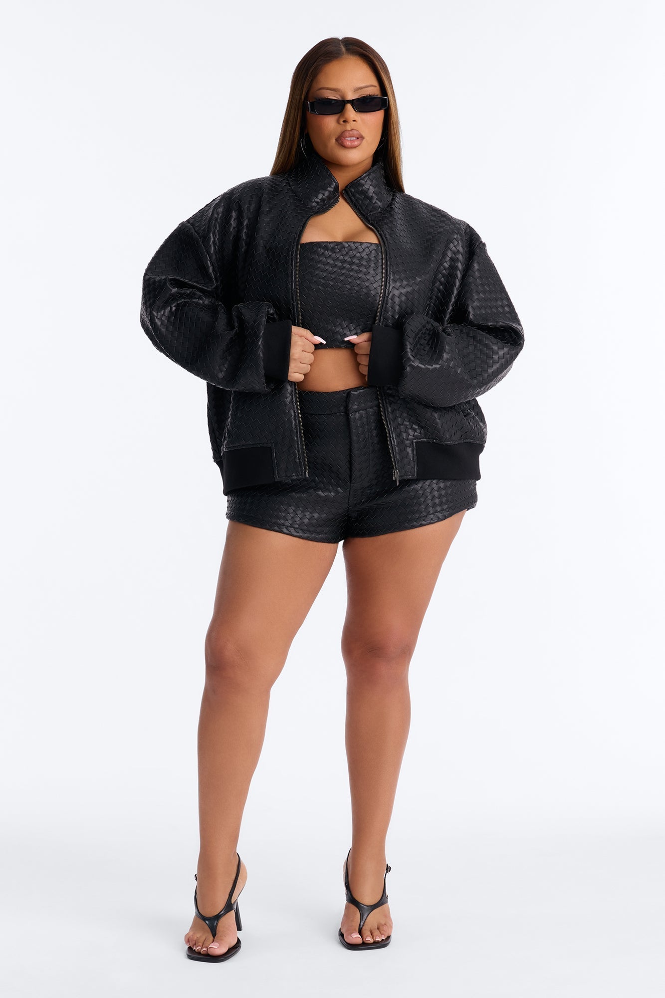 Vivian Woven Faux Leather Bomber Jacket - Black NEWFASHIONEDGE