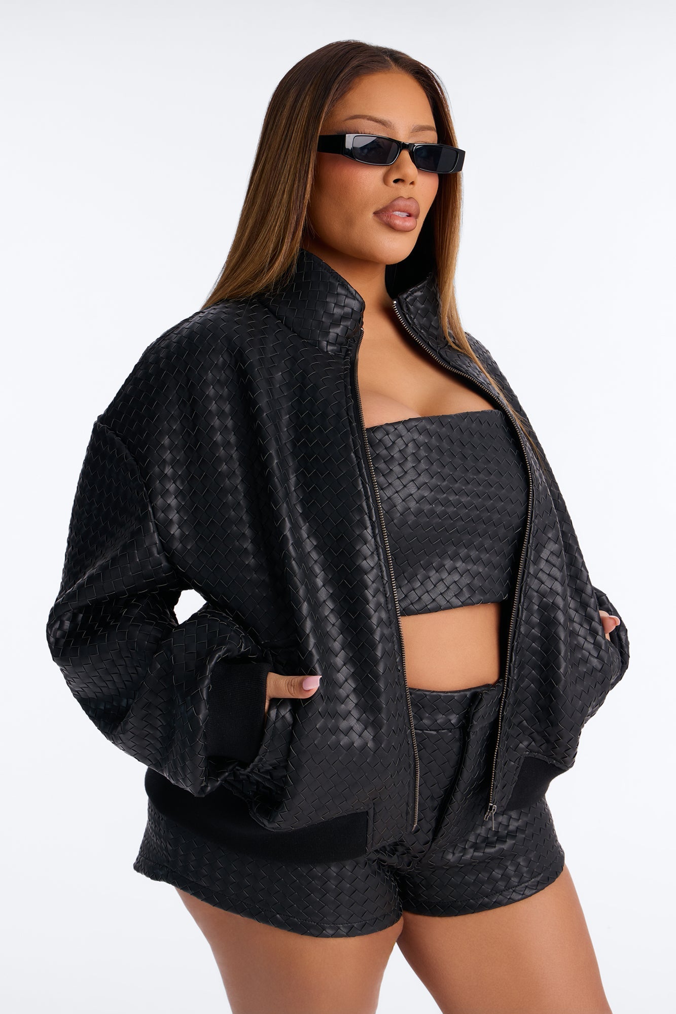 Vivian Woven Faux Leather Bomber Jacket - Black NEWFASHIONEDGE
