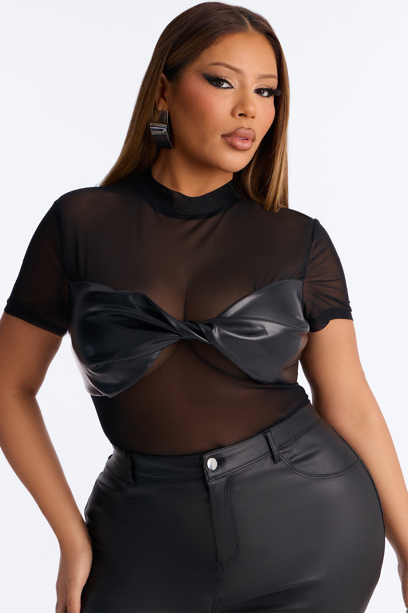Best Of Luck Short Sleeve Twist Mesh Bodysuit - Black