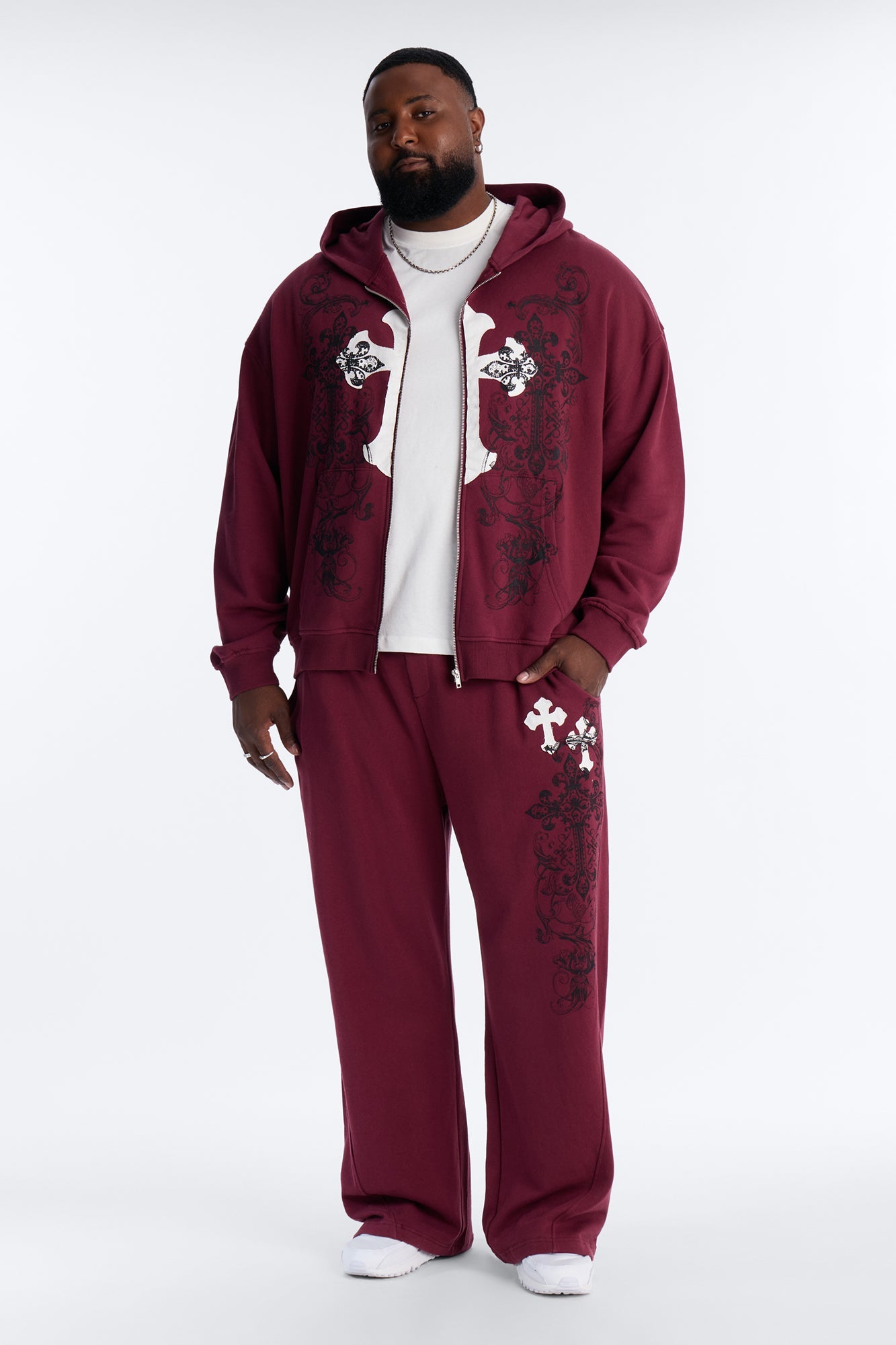 Cross Patch Zip Hoodie - Burgundy