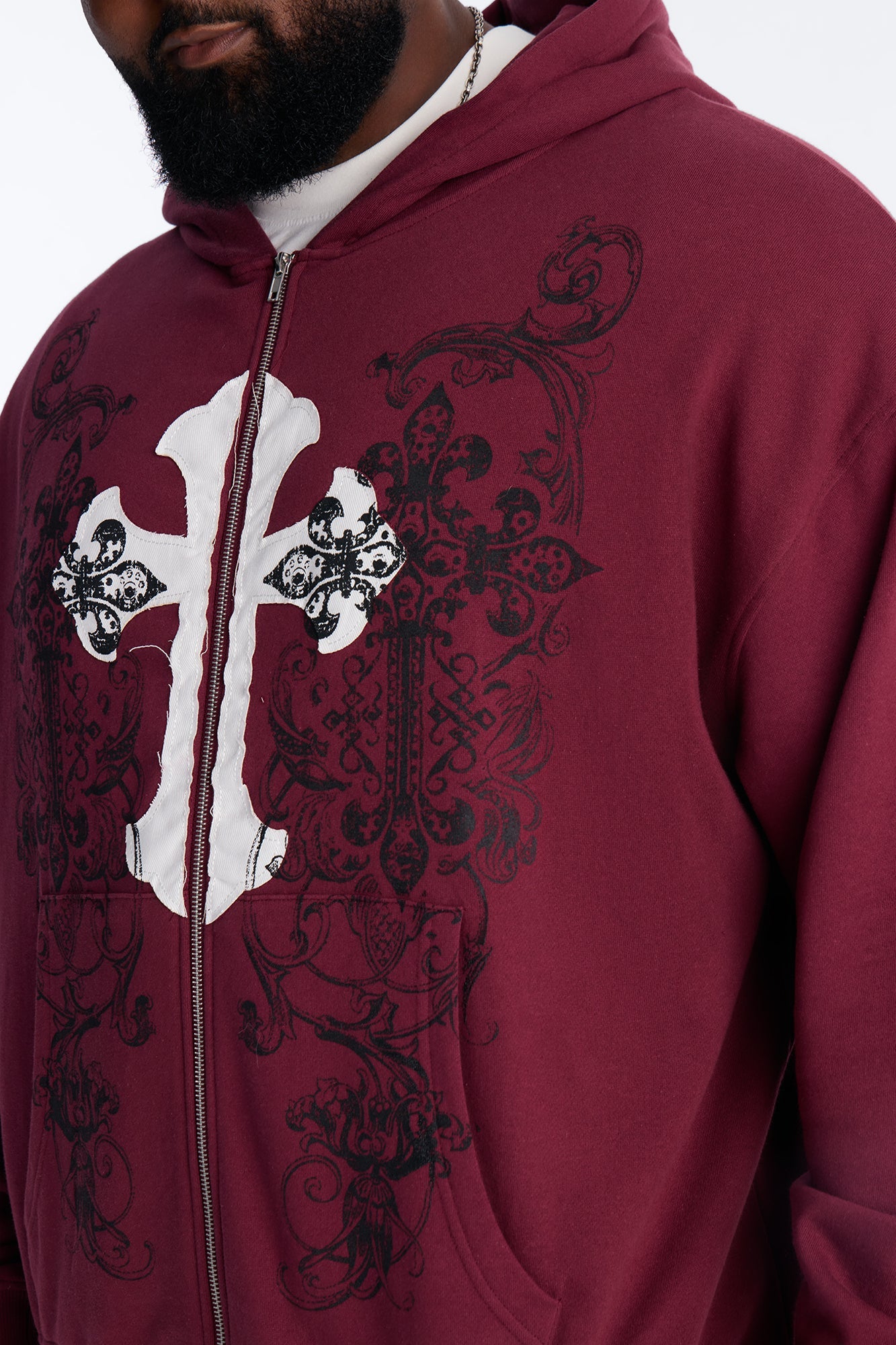 Cross Patch Zip Hoodie - Burgundy