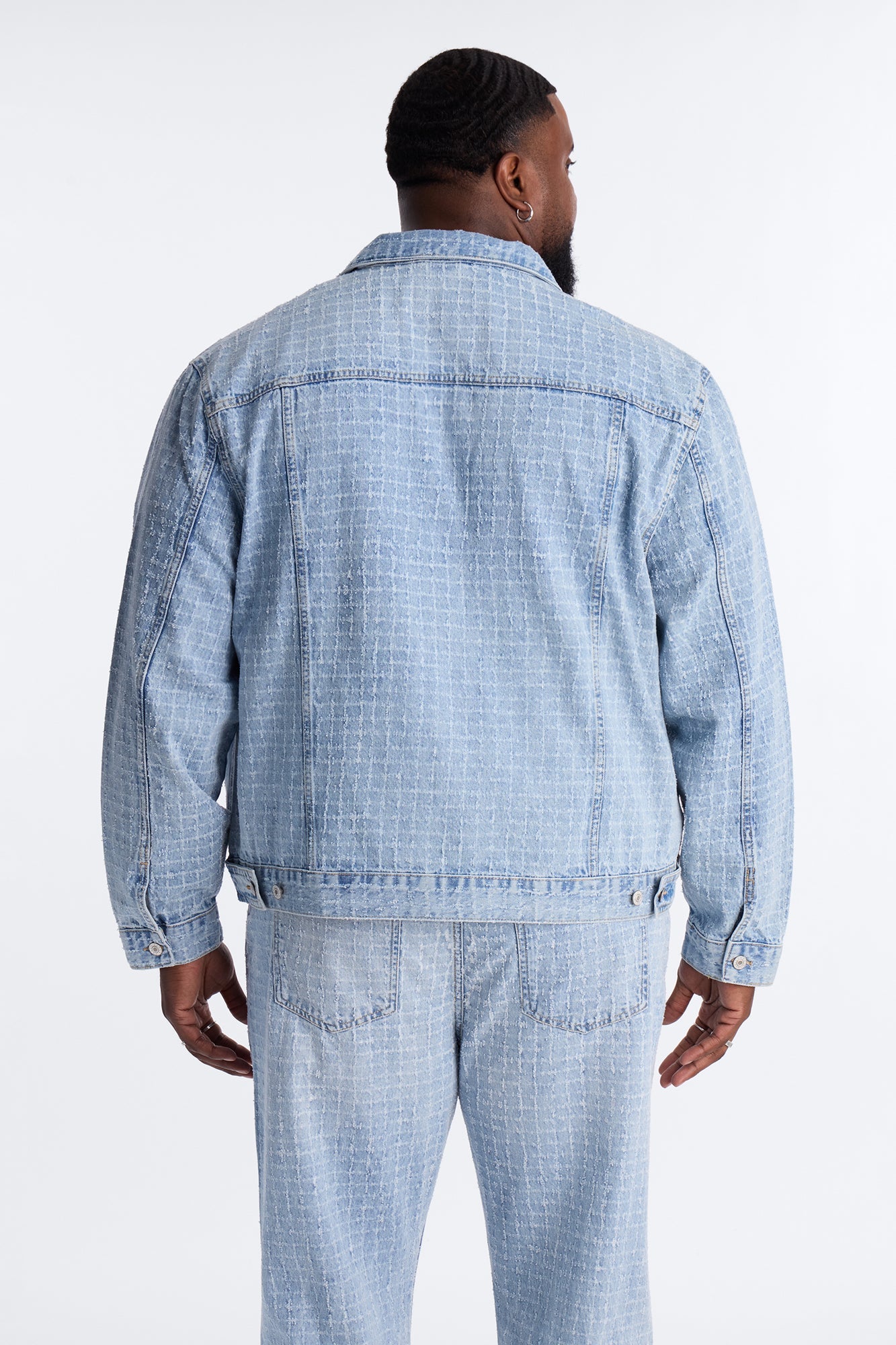 Cropped Windowpane Denim Trucker Jacket - Light Wash