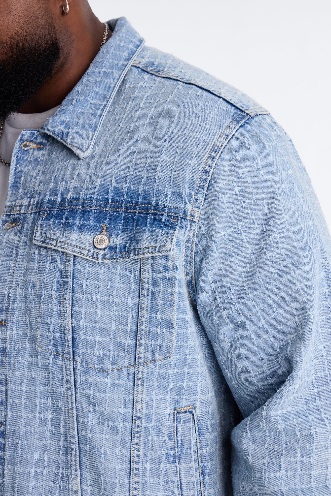 Cropped Windowpane Denim Trucker Jacket - Light Wash