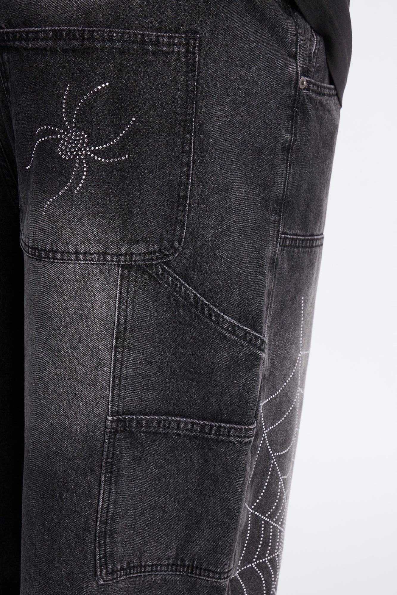 Baggy Jeweled Web Carpenter Denim Short - Black Wash