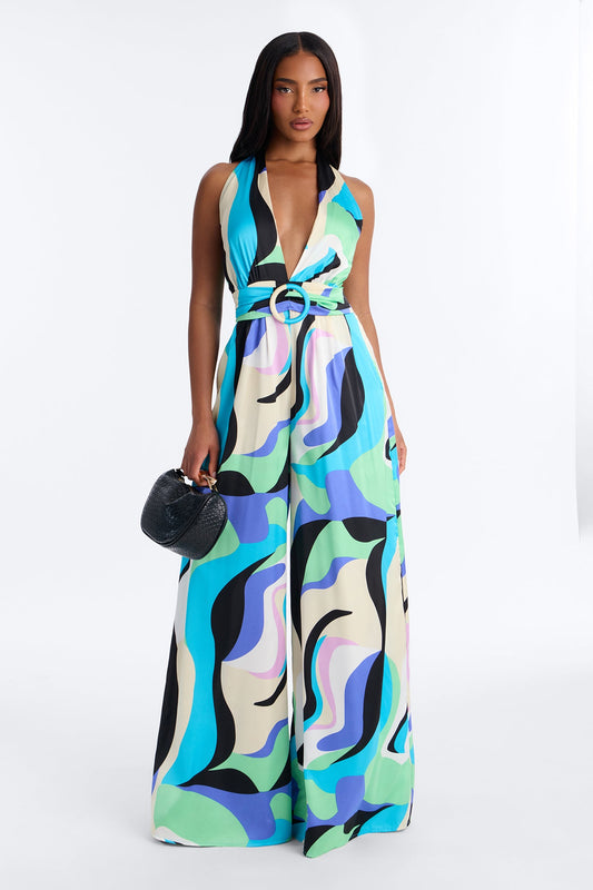 Jules Belted Wide Leg Jumpsuit - Blue Fashion Nova
