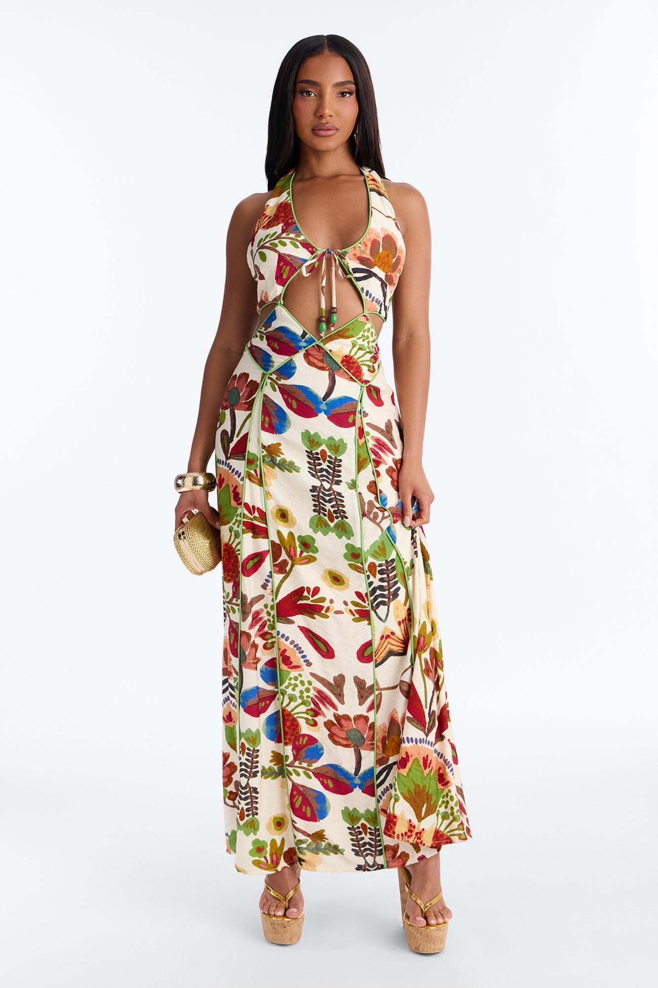 Sicilian Summer Linen Maxi Dress - Cream/combo NEWFASHIONEDGE