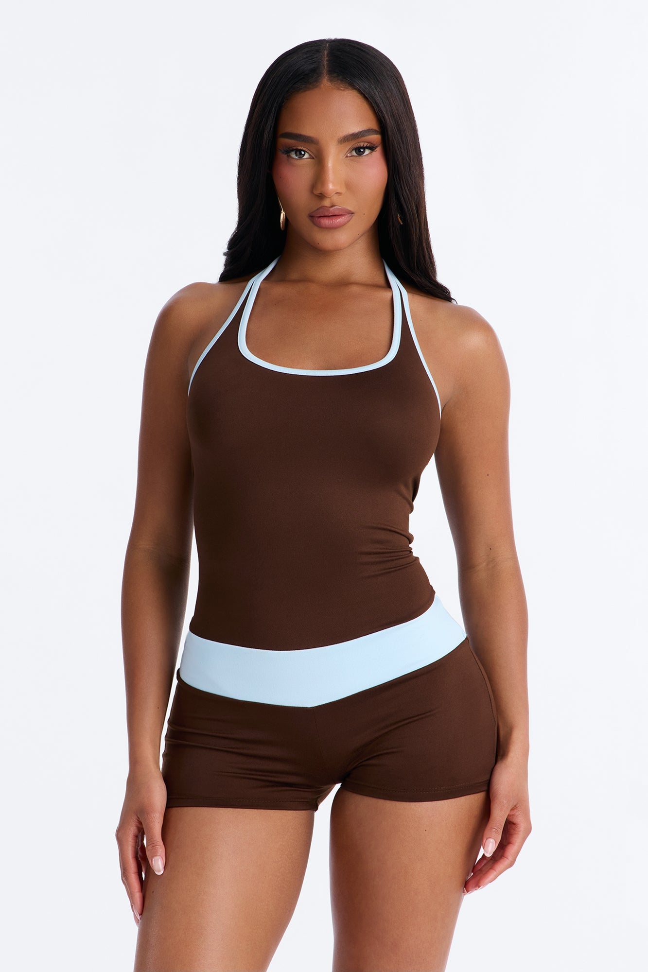 Bella Contrast Trim Halter Romper - Chocolate/Combo