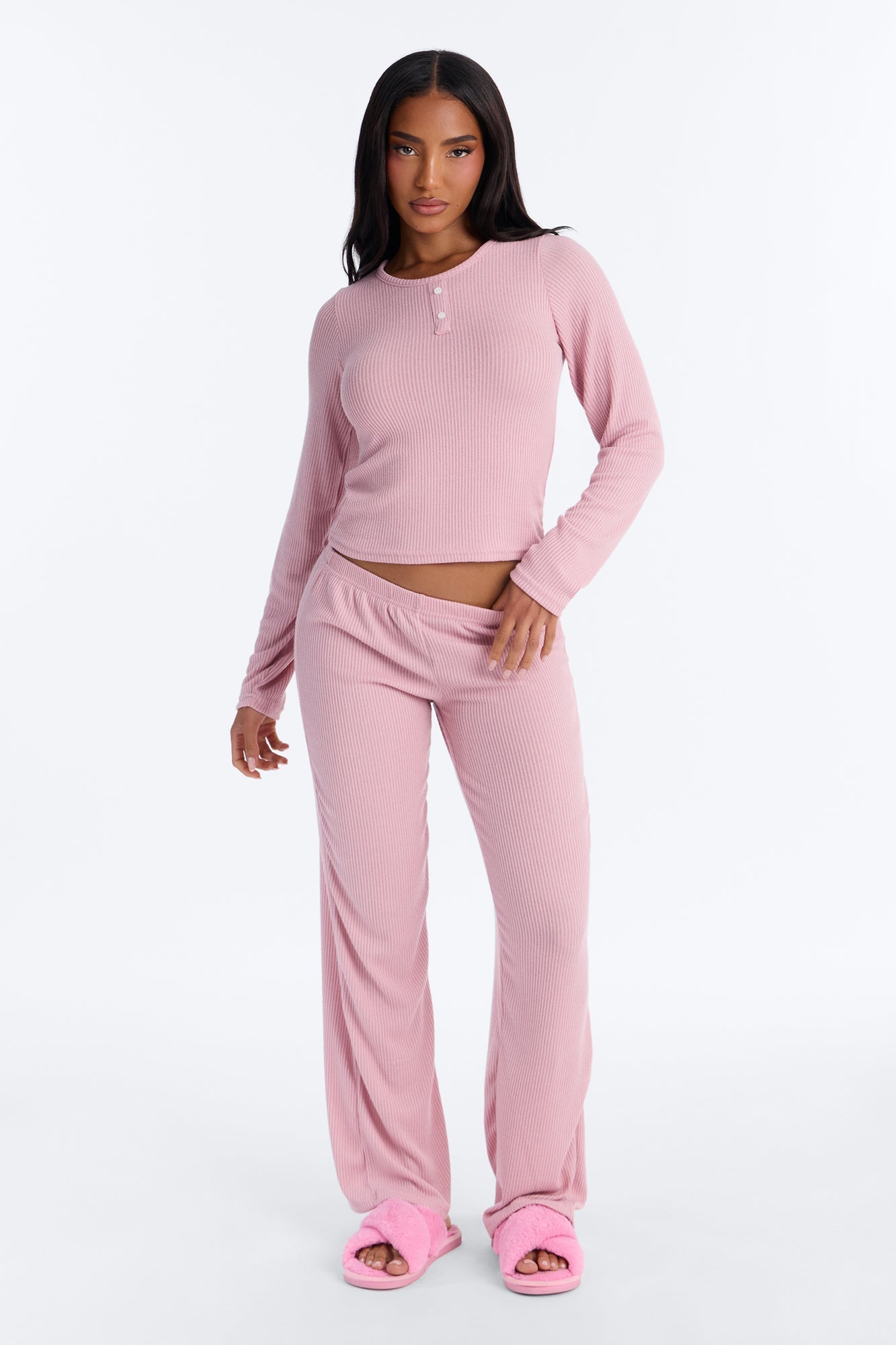 Slumber Haven Ribbed Long Sleeve PJ Pant Set - Mauve Fashion Nova