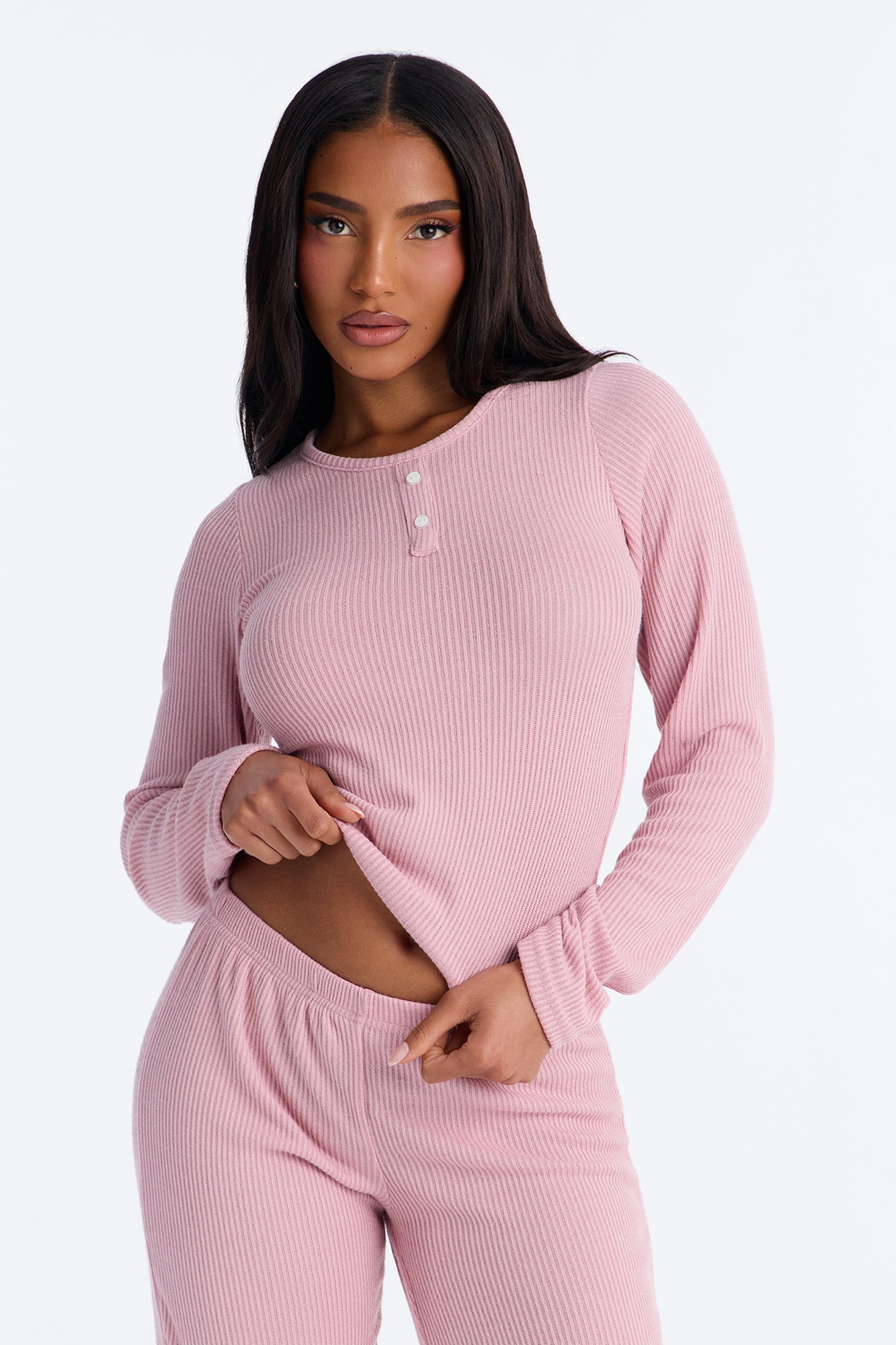 Slumber Haven Ribbed Long Sleeve PJ Pant Set - Mauve Fashion Nova