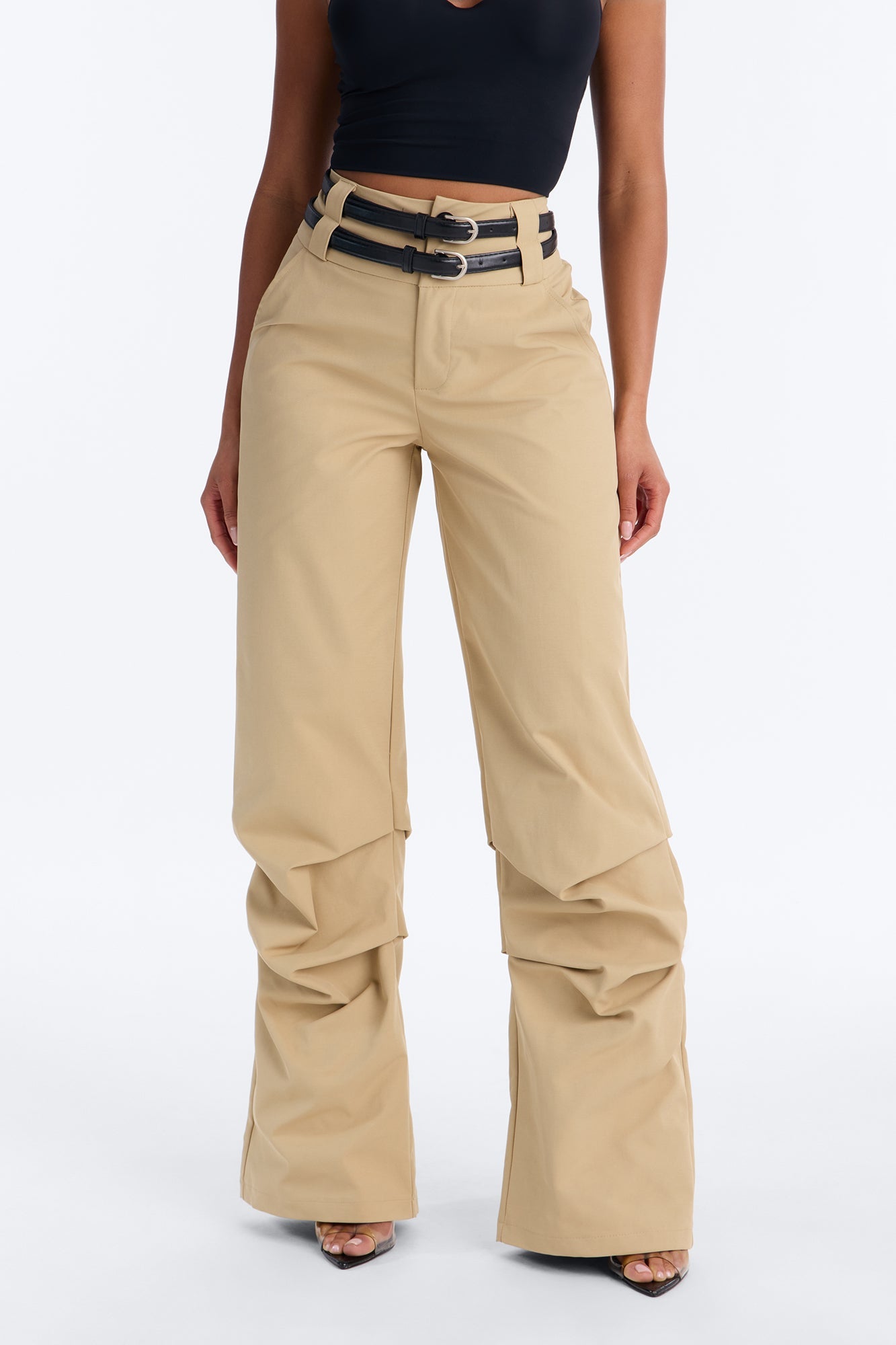 Rock Your World Double Belted Stacked Pant - Khaki