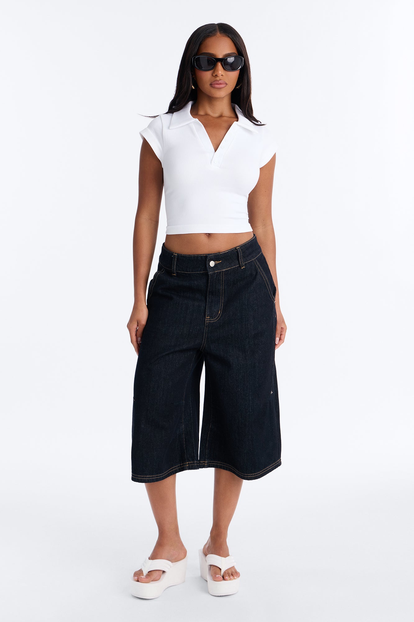 Camila Cap Sleeve Basic Polo Top - White NEWFASHIONEDGE