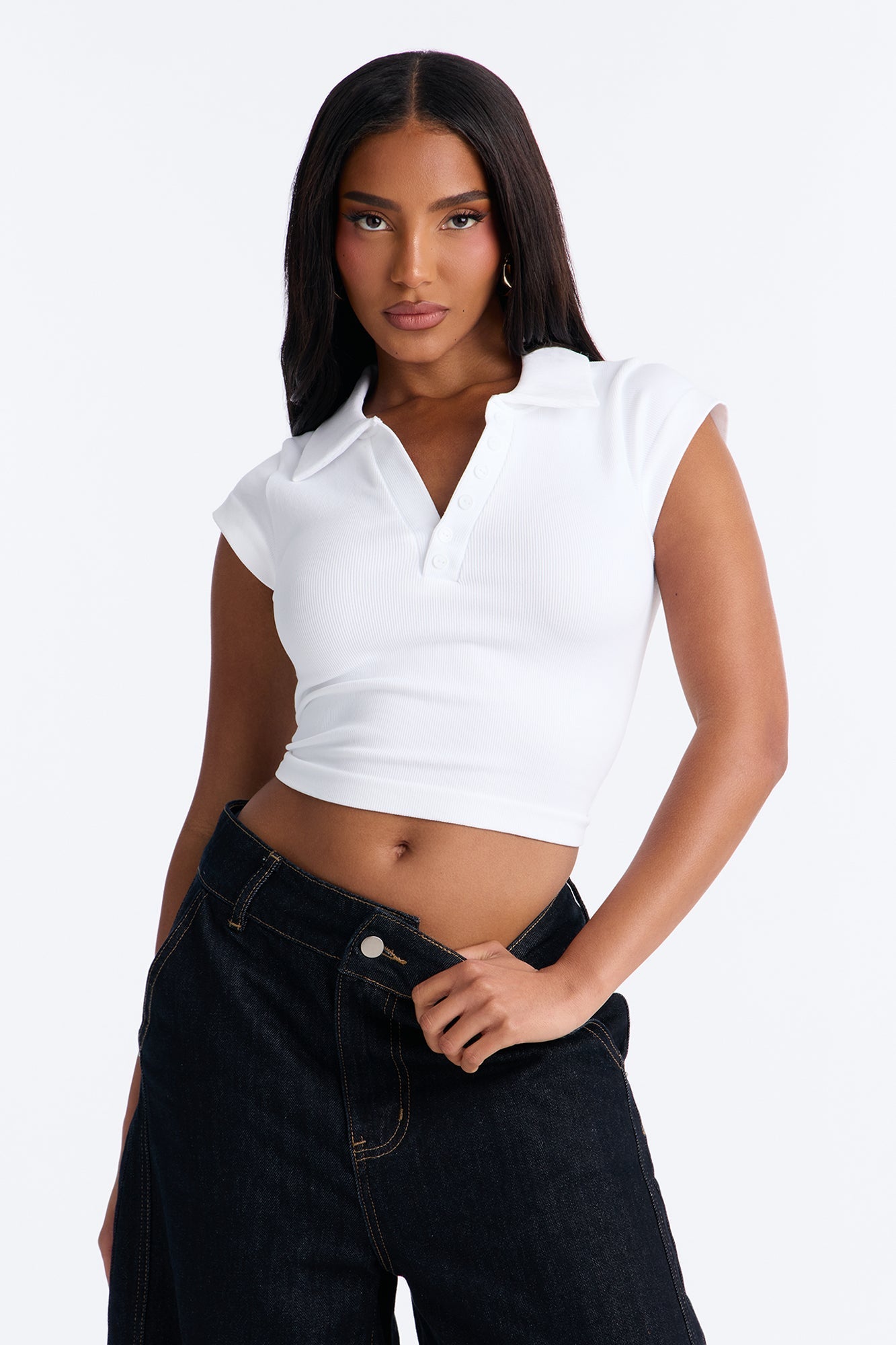 Camila Cap Sleeve Basic Polo Top - White NEWFASHIONEDGE