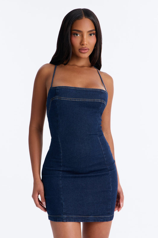 Tied To You Denim Mini Dress - Dark Wash Fashion Nova