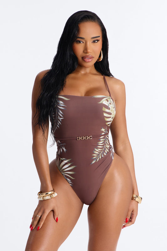 Tropic Like It's Hot 1 Piece Belted Strapless Swimsuit - Brown NEWFASHIONEDGE